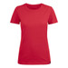 A red women's crew neck t-shirt featuring short sleeves and a logo.