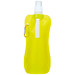 A drink bottle in bright yellow with a spout and a carabiner for attachment. It features a logo. A drink bottle in bright yellow with a spout and a carabiner for attachment. It features a logo.