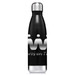 A drink bottle in matte black with a stainless steel cap and a logo on the front.