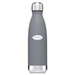 A drink bottle in grey with a stainless steel cap and a logo on the body.