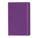 A purple A5 notebook with a soft cover and an elastic band closure. It features a ribbon marker and has a logo.