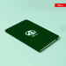 A green A5 notebook with a logo on the cover, featuring a band closure and a plain interior.