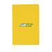 A yellow A5 notebook features an emblem and has a ribbon bookmark. It has a smooth cover and rounded edges.