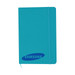 A turquoise A5 notebook with an elastic band closure and a logo on the front cover.