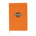 An orange A5 notebook featuring a logo on the cover, with a yellow page marker. An orange A5 notebook featuring a logo on the cover, with a yellow page marker.