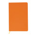 An orange A5 notebook with a smooth cover and a yellow ribbon marker. It features a logo on the cover.