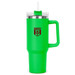 A drink bottle in vibrant green with a clear lid, straw, and a handle. It features a logo on the front. A drink bottle in vibrant green with a clear lid, straw, and a handle. It features a logo on the front.