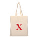A cream calico tote bag with long handles and a red logo in the centre. A cream calico tote bag with long handles and a red logo in the centre.