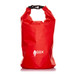 A red dry bag with a secure top buckle and a logo on the front.
