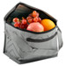 A grey cooler bag with a zippered opening, filled with an apple, orange, and grapes, showing its insulated interior. A grey cooler bag with a zippered opening, filled with an apple, orange, and grapes, showing its insulated interior.