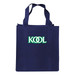 A navy blue shopping tote bag with a gusset and a logo on the front. A navy blue shopping tote bag with a gusset and a logo on the front.