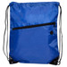 A blue drawstring bag featuring a zippered pocket and black accents, with adjustable cords for carrying. A blue drawstring bag featuring a zippered pocket and black accents, with adjustable cords for carrying.