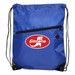 A blue drawstring bag with a zippered pocket and a logo on the front. Black straps are attached for carrying. A blue drawstring bag with a zippered pocket and a logo on the front. Black straps are attached for carrying.