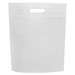 A white non-woven gift bag with a cut-out handle and a smooth texture, featuring a logo on the front. A white non-woven gift bag with a cut-out handle and a smooth texture, featuring a logo on the front.