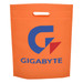 An orange non-woven gift bag featuring a logo on the front and a cut-out handle at the top. An orange non-woven gift bag featuring a logo on the front and a cut-out handle at the top.