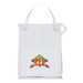 A white insulated grocery tote featuring a logo on the front and sturdy handles for easy carrying.