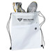 A white drawstring bag containing a pair of grey and yellow sports shoes, featuring a logo and a zip pocket. A white drawstring bag containing a pair of grey and yellow sports shoes, featuring a logo and a zip pocket.