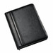 A black leather folder with a smooth finish, featuring a side pocket and a zip closure. It has a logo on the front. A black leather folder with a smooth finish, featuring a side pocket and a zip closure. It has a logo on the front.