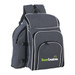 A grey picnic backpack with white accents, featuring multiple compartments and a logo. A grey picnic backpack with white accents, featuring multiple compartments and a logo.
