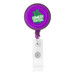A round badge holder in purple with a clear clip and a logo on the front.