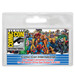 A transparent badge holder with a multi-coloured design featuring various superheroes and a logo at the top.