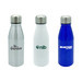 A drink bottle collection featuring a stainless steel, a frosted white, and a blue aluminium water bottle, each with a lid and logo. A drink bottle collection featuring a stainless steel, a frosted white, and a blue aluminium water bottle, each with a lid and logo.