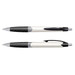 A plastic pen featuring a black and cream design, with a grip section and a click mechanism. It has a logo.