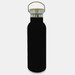 A drink bottle in sleek black, featuring a stainless steel lid and a cork accent, with a logo on its surface. A drink bottle in sleek black, featuring a stainless steel lid and a cork accent, with a logo on its surface.