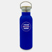 A drink bottle in vibrant blue with a silver opening and a wooden lid, featuring space for branding. A drink bottle in vibrant blue with a silver opening and a wooden lid, featuring space for branding.