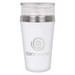 A drink bottle in white with a stainless steel lid and a logo. Ideal for hot or cold beverages.
