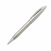 A metallic silver pen with a sleek design and a clip on the side, featuring a branded logo.