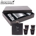 A drink bottle and four shot glasses in a gift box, featuring silver and black colours with a logo.