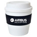 A drink cup in white with a black sleeve and branding. Suitable for beverages.