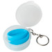 A blue reusable silicone straw in a clear, round case with a keyring attachment. A blue reusable silicone straw in a clear, round case with a keyring attachment.