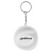 A keychain featuring a round white design with a logo and branding. A keychain featuring a round white design with a logo and branding.