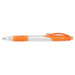 An orange and clear plastic pen with a textured grip and a clip for fastening. It features a logo on the barrel.