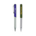 A silver metal pen with a purple body and a silver clip, and a green metal pen with silver accents and branding.