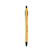 A metallic curved pen in yellow and black, featuring a sleek design and a branding logo. A metallic curved pen in yellow and black, featuring a sleek design and a branding logo.