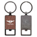 A metal keychain featuring a rectangular design with a wooden centre and a bottle opener at the base, includes a logo. A metal keychain featuring a rectangular design with a wooden centre and a bottle opener at the base, includes a logo.