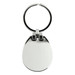 A silver keychain with a smooth, oval shape and a circular attachment ring. It features a logo. A silver keychain with a smooth, oval shape and a circular attachment ring. It features a logo.
