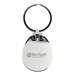 A silver keychain with a rounded shape and a ring, featuring a logo on one side. A silver keychain with a rounded shape and a ring, featuring a logo on one side.