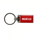 A red keychain with a metal ring, featuring a logo on a rectangular body.