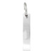 A drink bottle opener featuring a sleek, silver metallic design with a simple rectangular shape and a hanging loop.