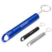 A drink bottle opener keychain in blue, black, and silver, featuring a keyring and branding.