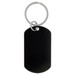 A black dog tag keychain with a silver keyring attached.