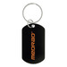 A black dog tag keychain with a silver keyring and an orange logo.