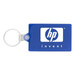 A blue rectangle keychain featuring a logo. The keychain has a metal ring for attachment. A blue rectangle keychain featuring a logo. The keychain has a metal ring for attachment.