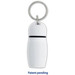 A white hotel keychain with a rounded design and silver keyring. It features a simple, sleek look. A white hotel keychain with a rounded design and silver keyring. It features a simple, sleek look.