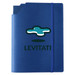 A blue leatherette notebook cover with an elastic strap and a pocket, featuring a logo on the front. A blue leatherette notebook cover with an elastic strap and a pocket, featuring a logo on the front.