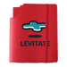 A red leatherette notebook cover with an elastic band and a logo on the front, featuring a blue design and text. A red leatherette notebook cover with an elastic band and a logo on the front, featuring a blue design and text.